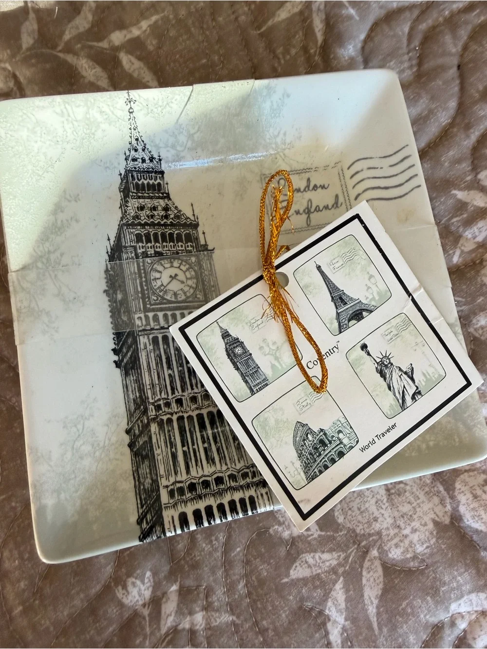 Appetizer vintage city landmark ceramic square plates set of 4